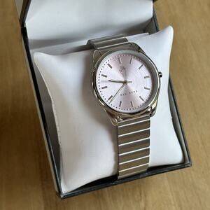 Rae Dunn Classic Women's SOFIA 36mm Round Pink Face Silver Gilded Bracelet Watch